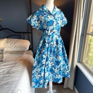 Vivien of Holloway Retro Kitty Plumeria Blue 50s Style Cotton Dress